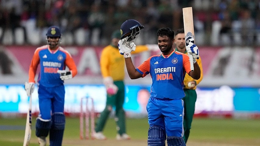 Sanju Samson after scoring his 2nd T20I century. - AP