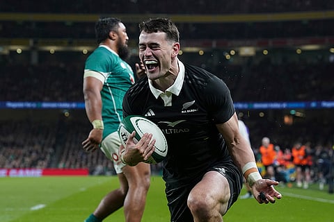 Autumn Nations Series: New Zealand's Will Jordan celebrates scoring a try