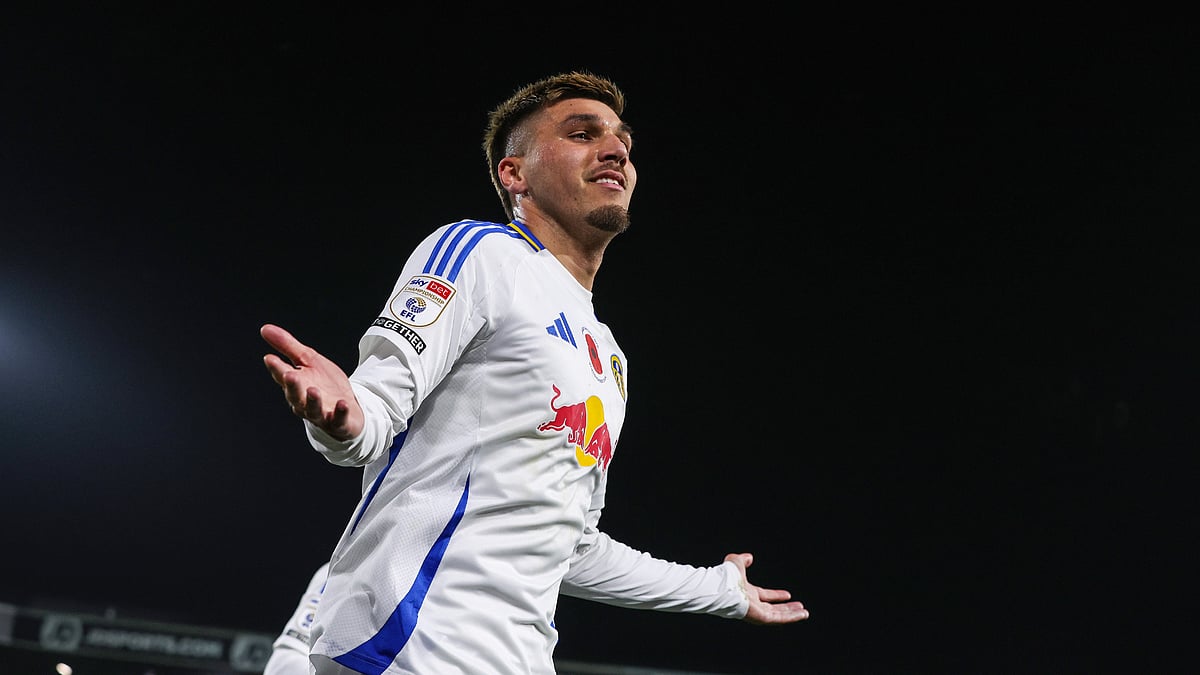 Joel Piroe wheels away in celebration for Leeds United on Saturday