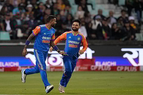 South Africa vs India: India's Hardik Pandya, left, celebrates with Rinku Singh, after taking a catch to dismiss South Africa's batsman Marco Jansen