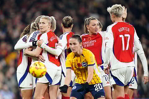 Women's Super League: Arsenal's team players celebrate after Alessia Russo scored their side's fifth goal
