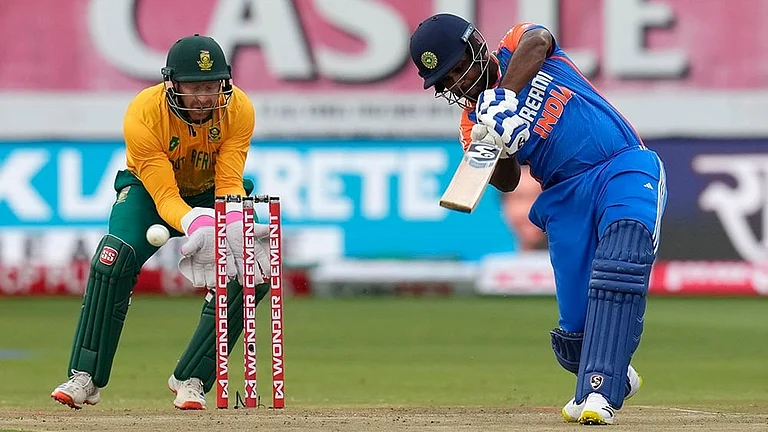 South Africa vs India: India's batsman Sanju Samson, right, plays a shot. - | Photo: AP/Themba Hadebe