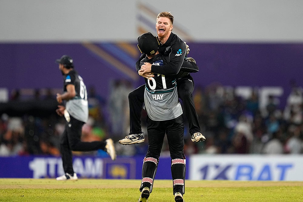 | Photo: AP/Eranga Jayawardena : SL vs NZ 2nd T20: New Zealand's Glenn Phillips and wicketkeeper Mitchell Hay celebrate their teams' win over Sri Lanka