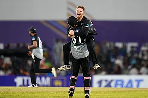 | Photo: AP/Eranga Jayawardena : SL vs NZ 2nd T20: New Zealand's Glenn Phillips and wicketkeeper Mitchell Hay celebrate their teams' win over Sri Lanka
