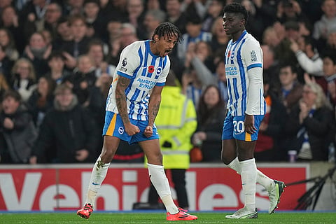 EPL 2024-25: Brighton's Joao Pedro, left, celebrates after scoring 