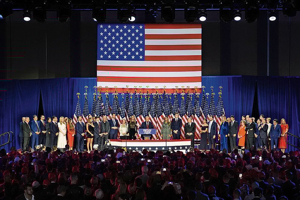 | Photo: AP : The Second Innings: US President-elect Donald Trump speaks at the Palm Beach County Convention Centre during an election night watch party on November 6, 2024, in West Palm Beach, Florida