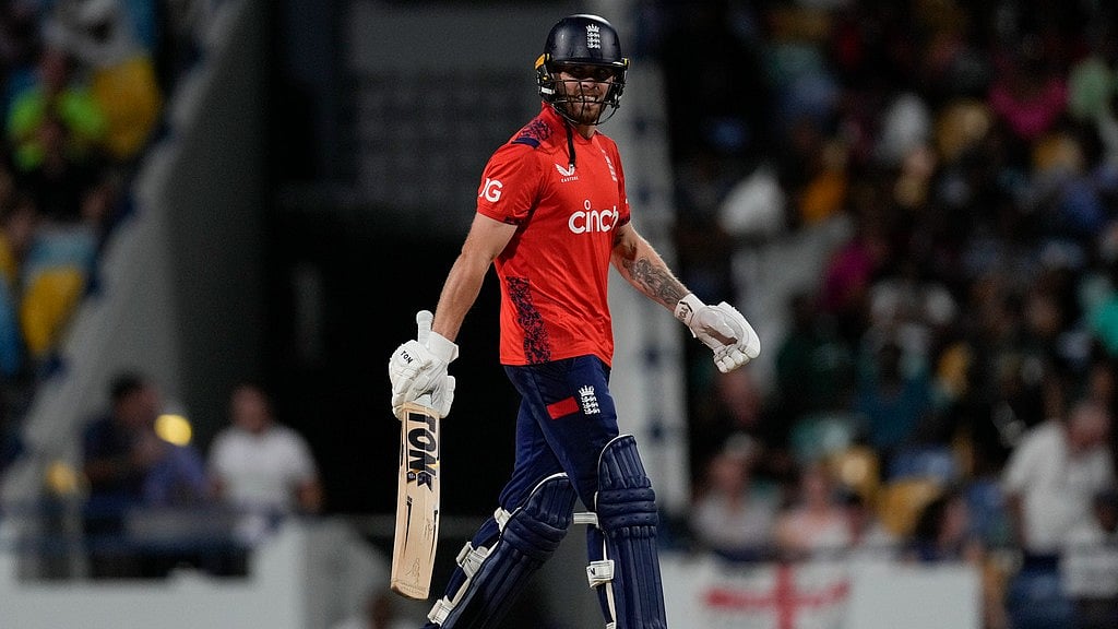 AP/Ricardo Mazalan : Phil Salt walks off the field after being dismissed on the first ball of the England innings against West Indies during the second T20I in Bridgetown, Barbados on Monday (November 11, 2024).