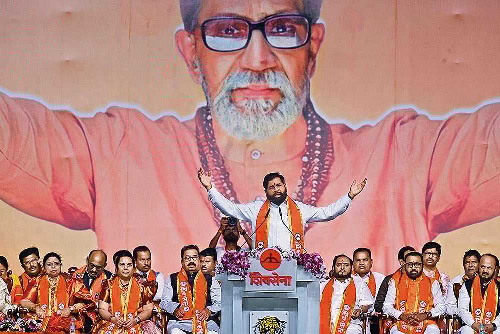 Photo: Getty Images : In Campaign Mode: Maharashtra Chief Minister Eknath Shinde addressing a Dussehra rally at Azad Maidan in Mumbai