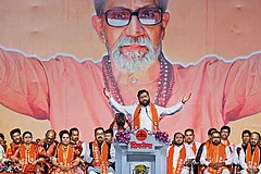 Photo: Getty Images : In Campaign Mode: Maharashtra Chief Minister Eknath Shinde addressing a Dussehra rally at Azad Maidan in Mumbai