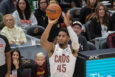 NBA: Cavaliers' Donovan Mitchell (45) shoots against the Nets