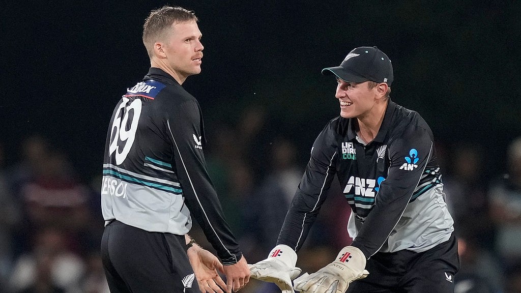 AP : Lockie Ferguson celebrates the wicket of Kamindu Mendis during the second T20I between Sri Lanka and New Zealand in Dambulla on Sunday (November 10, 2024).
