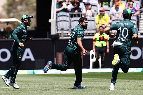 AUS Vs PAK, 3rd ODI: Pakistan's Haris Rauf, center, celebrates the wicket of Australia's Glenn Maxwell