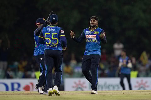 SL vs NZ 2nd T20: Sri Lanka's Wanindu Hasaranga celebrates the wicket of New Zealand's Mitchell Hay