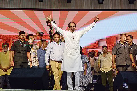 Uddhav Thackeray at a campaign rally for Shiv Sena’s UBT Thane Lok Sabha candidate Rajan Vichare