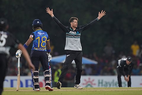 SL Vs NZ, 1st T20I: Captain Mitchell Santner celebrates the wicket of Sri Lanka's Kusal Mendis
