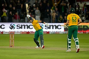 | Photo: AP/Themba Hadebe : IND vs SA 2nd T20: South Africa's Tristan Stubbs, left, celebrates after hitting a boundary to win the match
