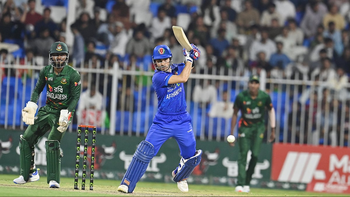 X/Afghanistan Cricket Board : Rahmanullah Gurbaz bats during the third ODI between Afghanistan and Bangladesh in Sharjah. 