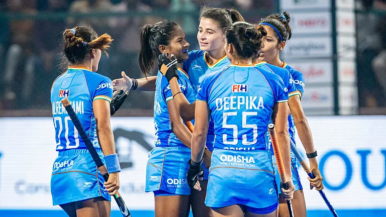 India celebrate a goal against South Korea in their Women's Asian Champions Trophy encounter in Bihar. - X/Hockey India