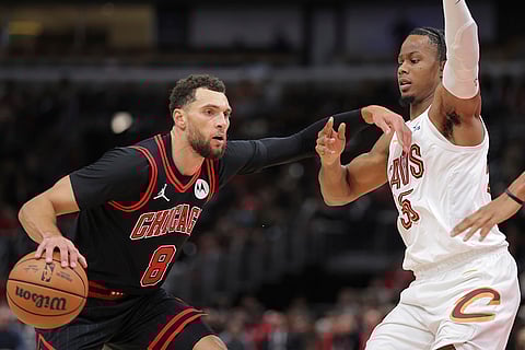 NBA Cavaliers vs Bulls: Cavaliers forward Isaac Okoro guards Chicago Bulls guard Zach LaVine