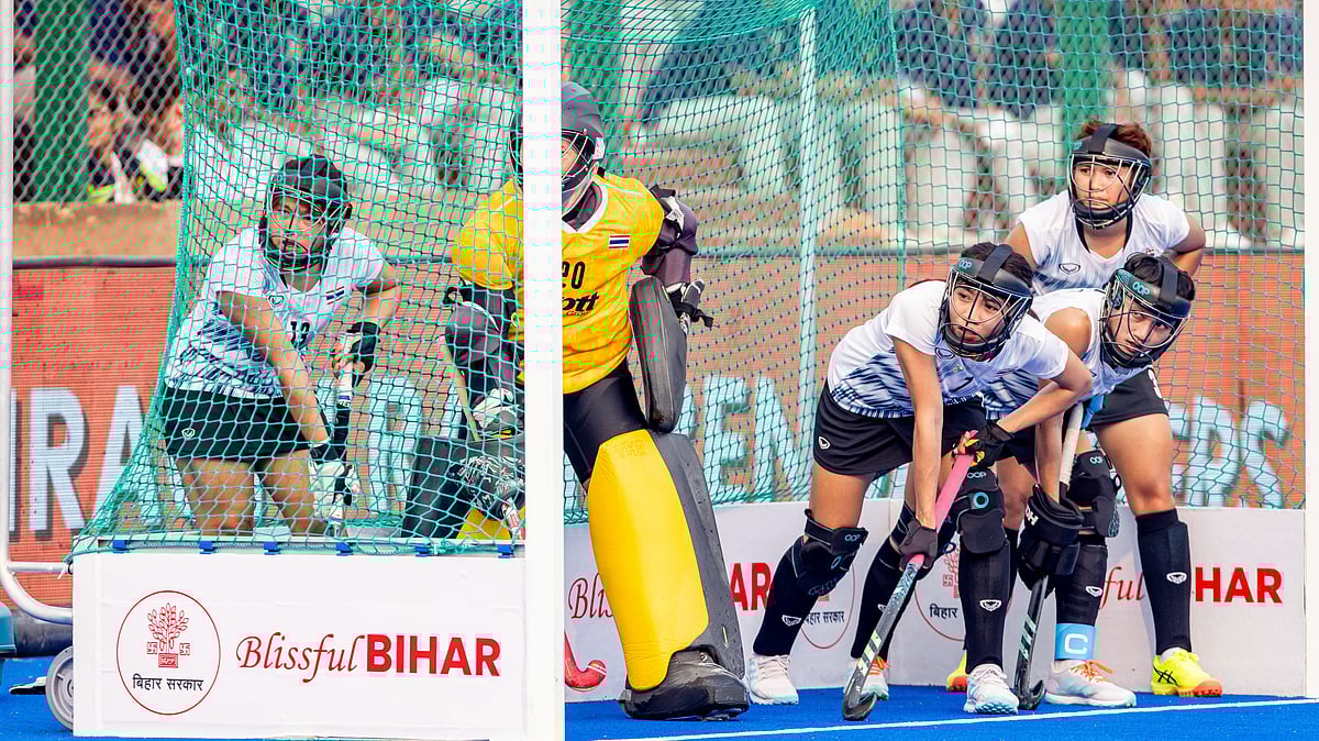 Thailand women's hockey team defending a goal against China in the Women's Asian Champions Trophy 2024. - X/ @asia_hockey