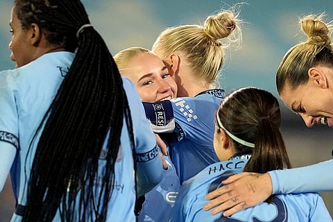 Women's Champions League: Manchester City's Laura Blindkilde, center, celebrates after scoring the opening goal