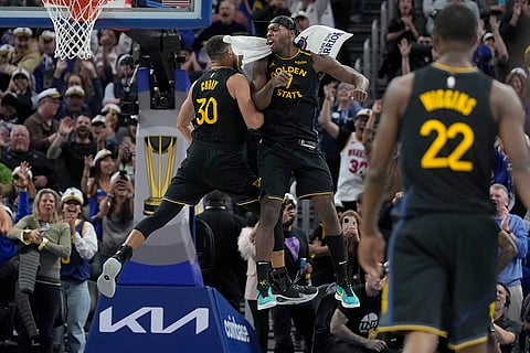 NBA Cup: Warriors guard Stephen Curry (30) celebrates with guard Buddy Hield (7)