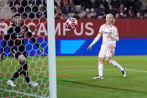 Women's Champions League: Bayern's Pernille Harder, right, scores the opening goal
