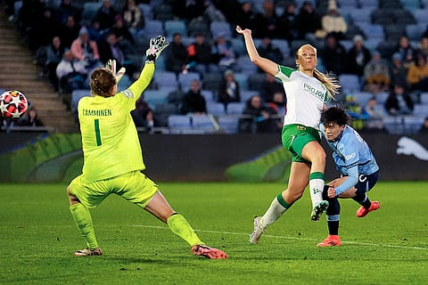 Women's Champions League: Manchester City's Aoba Fujino, right, scores her side's second goal