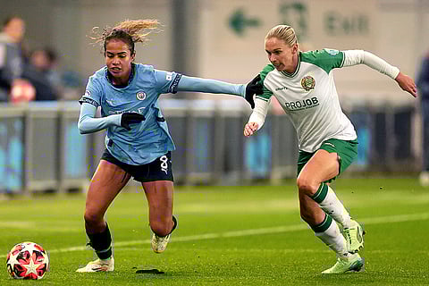 Women's Champions League: Manchester City's Mary Fowler, left, and Hammaby IF's Jonna Andersson, right, challenge for the ball