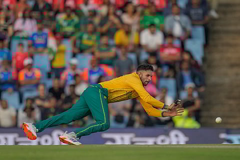 Ind vs SA 3rd T20I: South Africa's Keshav Maharaj fields off his own bowling