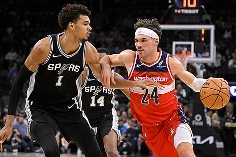 NBA: Wizards' Corey Kispert (24) drives against Spurs' Victor Wembanyama
