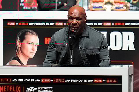 Tyson vs Paul boxing: Mike Tyson speaks during a news conference