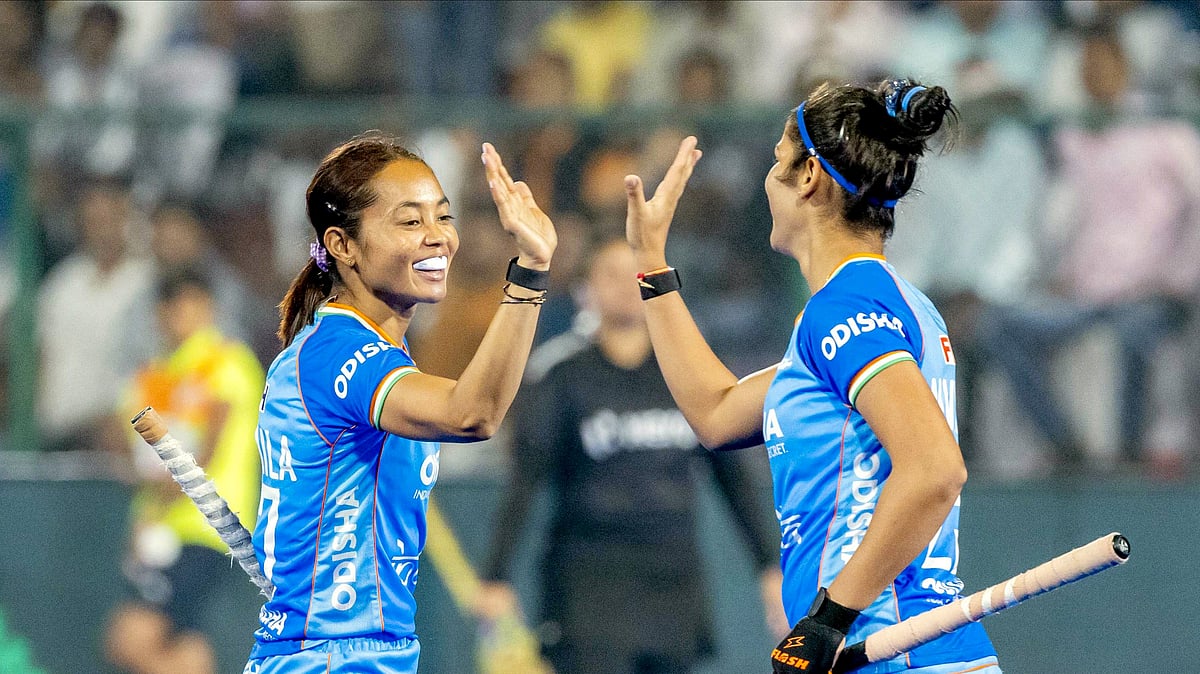PTI Photo : India's Navneet Kaur, right, and others during a Women's Asian Champions Trophy 2024 hockey match between India and Thailand, at Rajgir, in Nalanda district, Bihar.