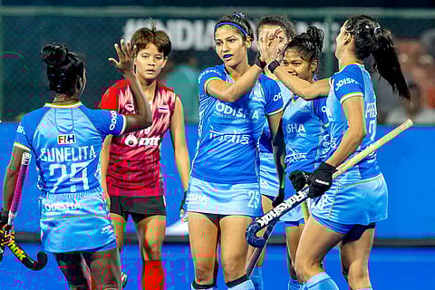 Women's ACT 2024, IND vs THAI: ndia’s Navneet Kaur, 25, Sunelita Toppo, 29, Preeti Dubey and others celebrate a goal