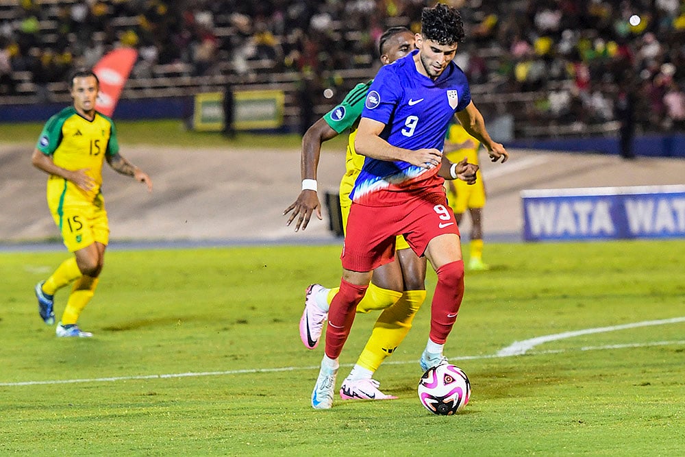 | Photo: AP/Collin Reid : CONCACAF Jamaica vs USA: United States' Ricardo Pepi prepares to shoot against Jamaica