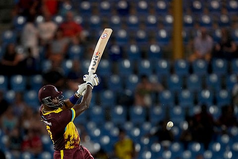 WI Vs ENG, 3rd T20I: Romario Shepherd plays a shot against England