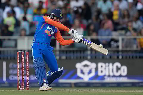 IND vs SA 4th T20: India's Tilak Varma hits a six on a delivery by South Africa's Gerald Coetzee