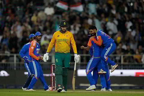 IND vs SA 4th T20: South Africa's Heinrich Klaasen, center, walks off the field after losing his wicket
