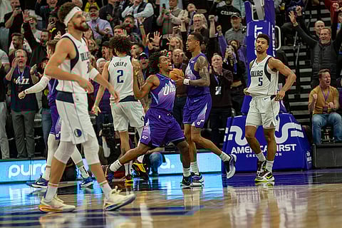 NBA Mavericks vs Jazz Basketball: Jazz guard Collin Sexton celebrates with Jazz fans at the buzzer