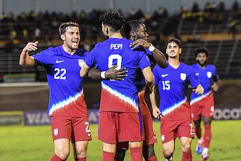 CONCACAF Jamaica vs USA: United States' Ricardo Pepi, center, celebrates scoring his side's first goal against Jamaica
