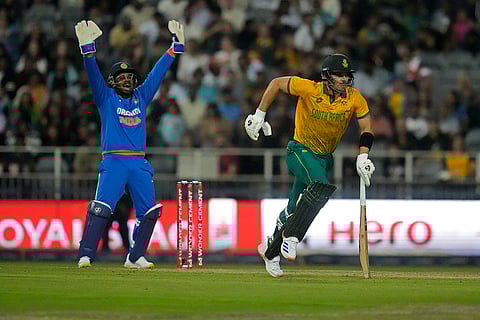 IND vs SA 4th T20: India's wicketkeeper Sanju Samson, left, appeals successfully for the LBW of South Africa's Tristan Stubbs