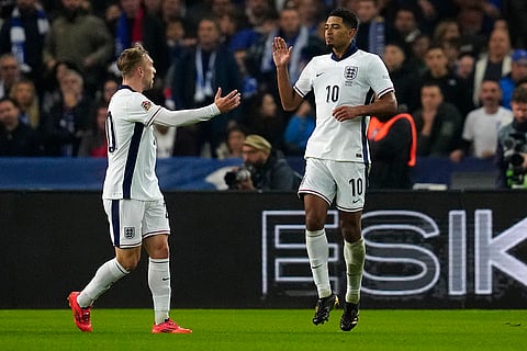 UEFA Nations League soccer: England's Jude Bellingham, right, and England's Jarrod Bowen celebrate their sides second goal