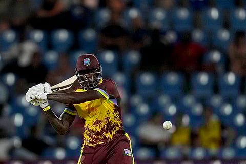 WI Vs ENG, 3rd T20I: Alzarri Joseph plays a shot against England