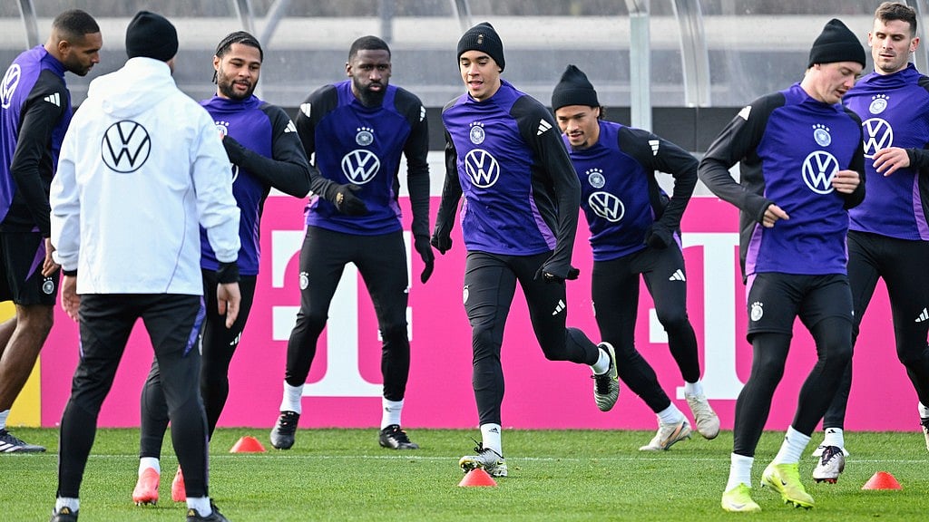 Uwe Anspach/dpa via AP : Germany's Jamal Musiala and teammates take part in a national team training session, in Frankfurt, Germany, Tuesday, Nov. 12, 2024, ahead of a Nations League match against Bosnia on Saturday.
