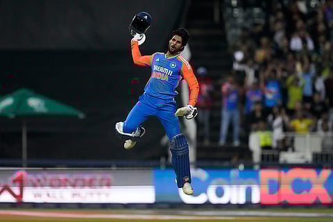 IND vs SA 4th T20: India's Tilak Varma celebrates after scoring a century