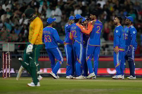 IND vs SA 4th T20: India's Arshdeep Singh, third right, celebrates with teammates after the dismissal of South Africa's Reeza Hendricks