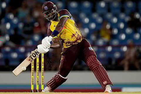WI Vs ENG, 3rd T20I: West Indies' Romario Shepherd plays a shot against England