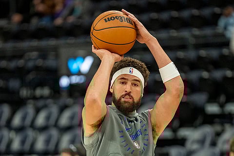 NBA Mavericks vs Jazz Basketball: Mavericks guard Klay Thompson shoots the ball