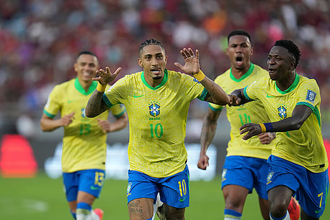 FIFA World Cup 2026 Qualifiers: Brazil's Raphinha, center, celebrates with teammates after scoring his side's opening goal