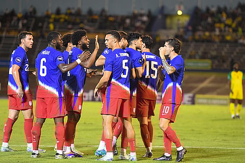 CONCACAF Jamaica vs USA: United States players celebrate scoring the opening goal